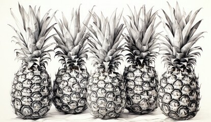 High-quality monochrome illustration of five pineapples arranged in a stylish composition on a white background