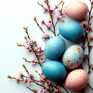 A scattering of Easter eggs on a white background, the sacred holiday of Easter - AI generated image