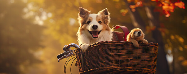 Cute happy dogs in bicycle basket ready for ride.