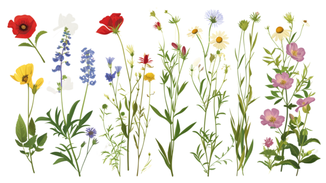 Wild flowers set isolated on a transparent background