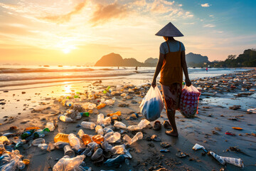 Young woman picking plastic bottle into trash plastic bag for cleaning the beach, Ecology concept and World Environment Day, Save earth concept