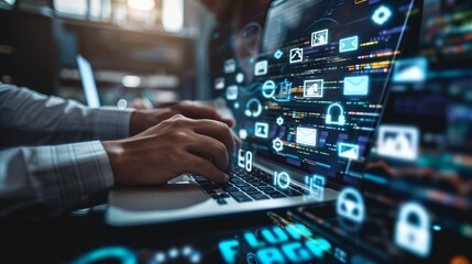 A person typing on a keyboard, programming and coding, digital panel, online data analysis, software source code, connection to the world Wide web, site setup, hacking, business, programmer's job
