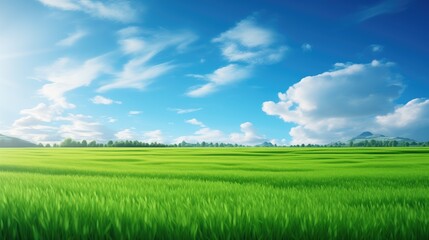 Obraz premium green field and blue sky with clouds, nature background , morning, landscape