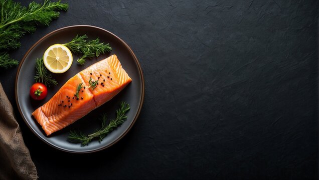 Top view of salmon fish on blank black background, copy space, available for advertising salmon fish