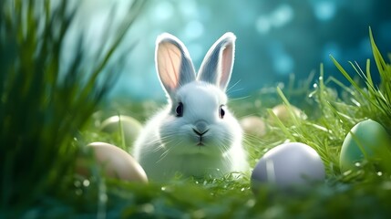 Fototapeta na wymiar Easter bunny and easter eggs in green grass. Easter background.