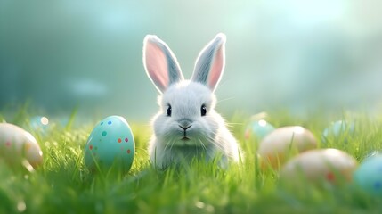 Easter bunny and easter eggs on green grass