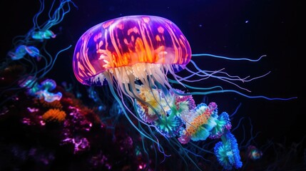 A jellyfish is glowing in the dark. Generative AI.
