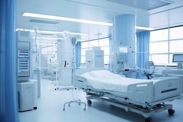 Recovery icu with life support. medical care emergency, patient health monitoring banner