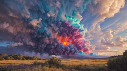 A Stunning Landscape with a Purple Sky and Green Clouds"

Highlight: Immerse yourself in the breathtaking beauty of a volcanic eruption, showcasing vibrant colors in the sky and unique green clouds, m