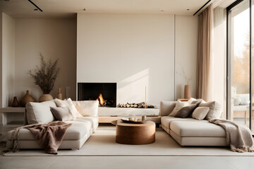 Scandinavian style minimalist house with modern large living room, light walls, armchair and fireplace