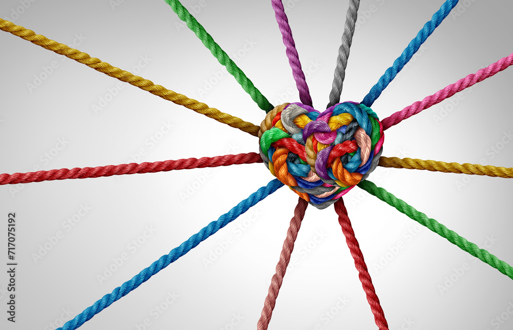Poster Strength In Connection and Unity of love partnership as diverse ropes shaped as a heart in a group of different intertwined strings connected together shaped as a support symbol of belonging inclusivi