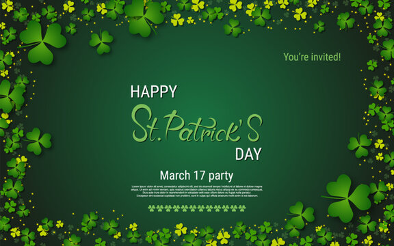 St.Patrick's Day vector illustration. Green background with colorful clover leaves and design elements