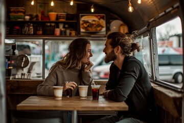 Couple interacting with each other at food truck van - obrazy, fototapety, plakaty