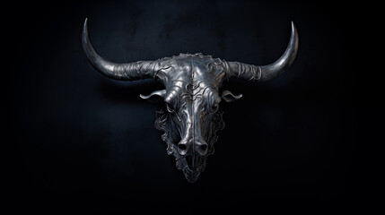 Skulptur eines Stier-Kopf aus silbernem Metall, mit Hörnern und Muster verziert. Illustration vor dunklem Hintergrund