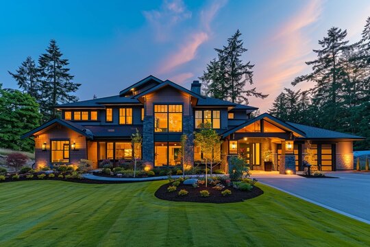 Beautiful home exterior in evening with glowing interior lights and landscaping photography photography