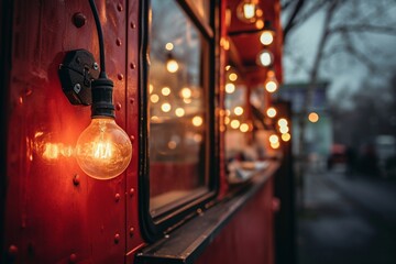 detail of closed red food truck with light bulb background, no people - obrazy, fototapety, plakaty