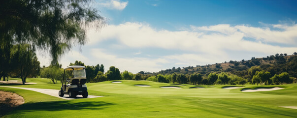 Golf green resort in beautiful sport day. Modern golf sport location - obrazy, fototapety, plakaty