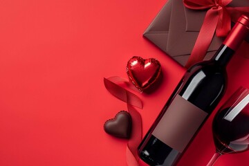 Fototapeta na wymiar bottle of wine, two heart shaped chocolates, gift box with a red ribbon, and an envelope on a vibrant red background. Ai generated