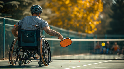Male wheelchair athlete with racket on Pickleball court, autumnal trees in the background - obrazy, fototapety, plakaty