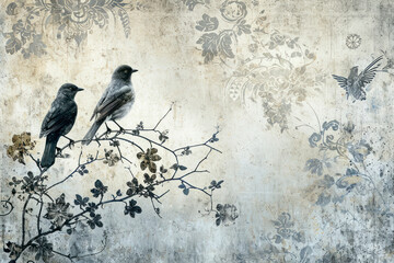 Wall mural, wallpaper, in the style of loft, classic, baroque, modern, rococo. Wall mural with graphic birds and patterns on concrete grunge background. Light, delicate photo wallpaper design.