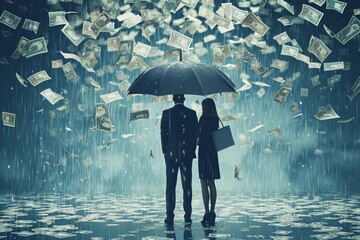 Business people standing while money rains. Generative AI