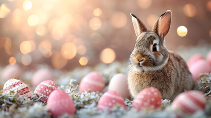 Fototapeta na wymiar Cute Easter bunny and eggs on bokeh background, closeup