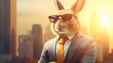 Rabbit in a suit and tie with sunglasses on the city background. Rabbit like a human in suit. Portrait of a strong Rabbit in a suit on downtown.	