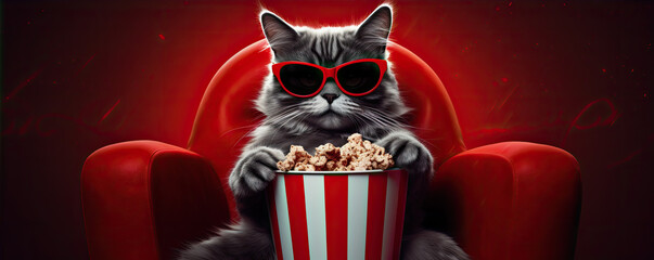 Cat sitting in red armchair and watching 3D movie on red background. Popcorn and funny cat concept. - obrazy, fototapety, plakaty