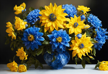 Bouquet of yellow and blue chrysanthemums in a vase