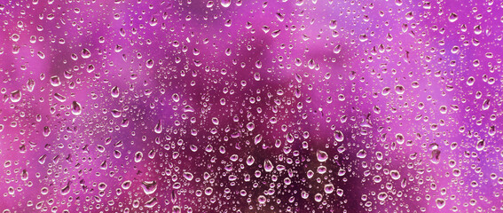 Beautiful colored drops on glass from rain on a blurred purple background. Panorama.