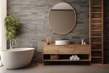 Contemporary bathroom with wood furniture, gray stone tiles, round mirror. Clean, tranquil interior concept. Generative AI