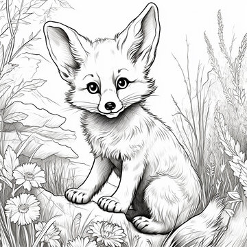 Happy cute fox cartoon outline drawing black and white illustration white background