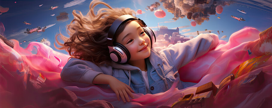 Funny happy kid flying in dreams and wearing modern headphones.
