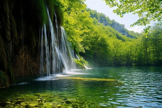 Extended Exotic waterfall and lake landscape of Plitvice Lakes National Park, UNESCO natural world heritage and famous travel destination of Croatia. The lakes are located in central Croatia (Croatia 