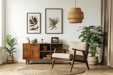 Standard or Extended Stylish interior of living room with design brown armchair, wooden bookcase, pendant lamp, carpet decor, picture frames and elegant personal accessories in modern retro home decor