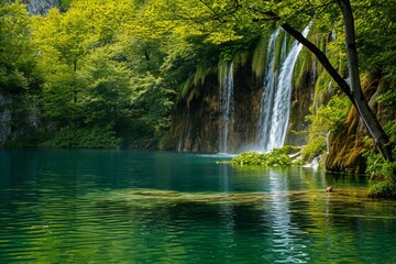 Fototapeta na wymiar Extended Exotic waterfall and lake landscape of Plitvice Lakes National Park, UNESCO natural world heritage and famous travel destination of Croatia. The lakes are located in central Croatia (Croatia 