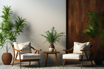 Two chairs and a table with a cute little plant, arranged against a simple solid wall with a blank empty white frame, offering an inviting space for relaxation.