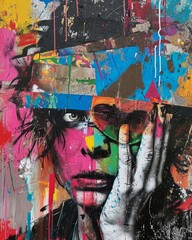 Woman with her hand on the face. Colorful graffiti on wall. Street art style.
