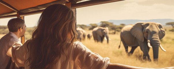 Woman from rear view on safari travell or elephant watching from off road car. - obrazy, fototapety, plakaty
