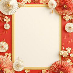 Chinese New Year seasonal social media background design with blank space for text. Blank white paper on red background with cute decorations.