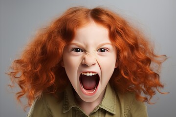 Energetic little redheaded girl enthusiastically using megaphone to make an important announcement