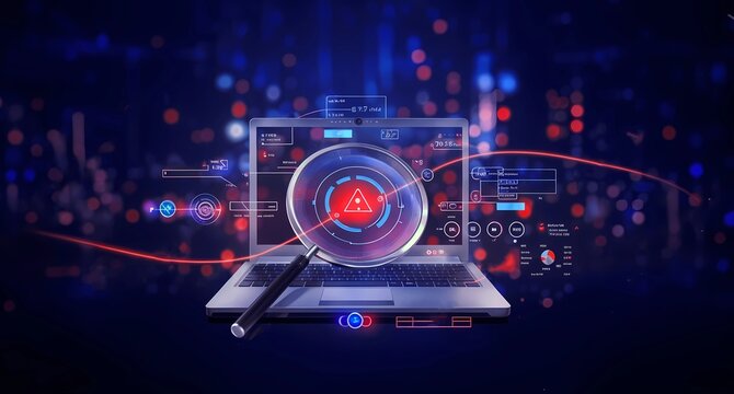 infographic charts analysis of corporate laptop antivirus or phishing malware attach detection and cleanup software or finding and searching database files on screen with magnifier lens as wide banner