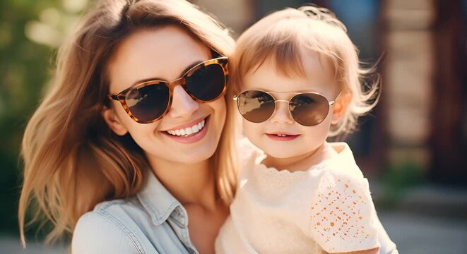 A smiling woman and a toddler wearing sunglasses outdoors.