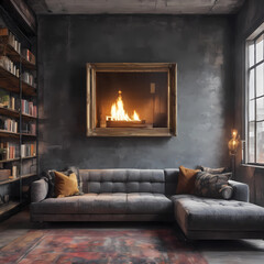 Grey sofa against concrete wall with fireplace and book shelves. Loft home interior design of modern living room 