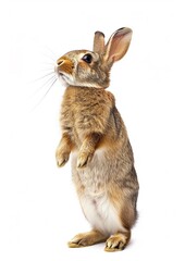 The funny rabbit is standing on its hind legs isolated on white.