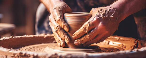 Pottery detail. Detail process of a potter's hands making a clay from ceramic.