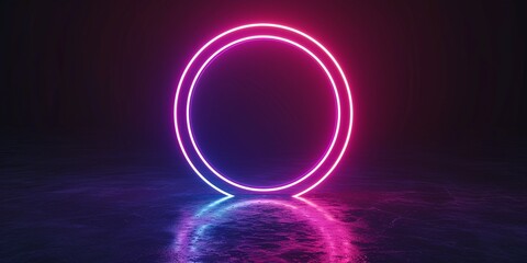 Colorful neon round frame, circle, ring shape, empty space, ultraviolet light, 80's retro style, fashion show stage, abstract background.