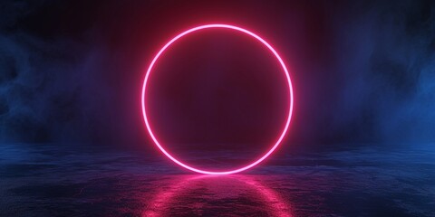 Colorful neon round frame, circle, ring shape, empty space, ultraviolet light, 80's retro style, fashion show stage, abstract background.