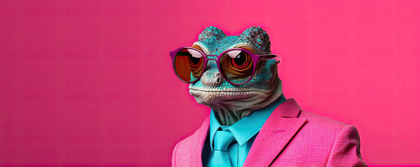 Funny lizard wearing a pink suit and glasses on red pink background. - obrazy, fototapety, plakaty