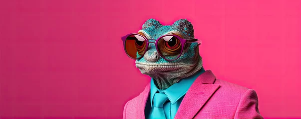 Deurstickers Funny lizard wearing a pink suit and glasses on red pink background. © Alena